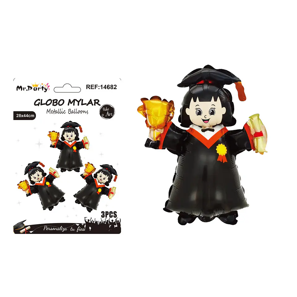 Set de globos metálicos niña graduada con birrete y trofeo 28*44cm 3pcs 1