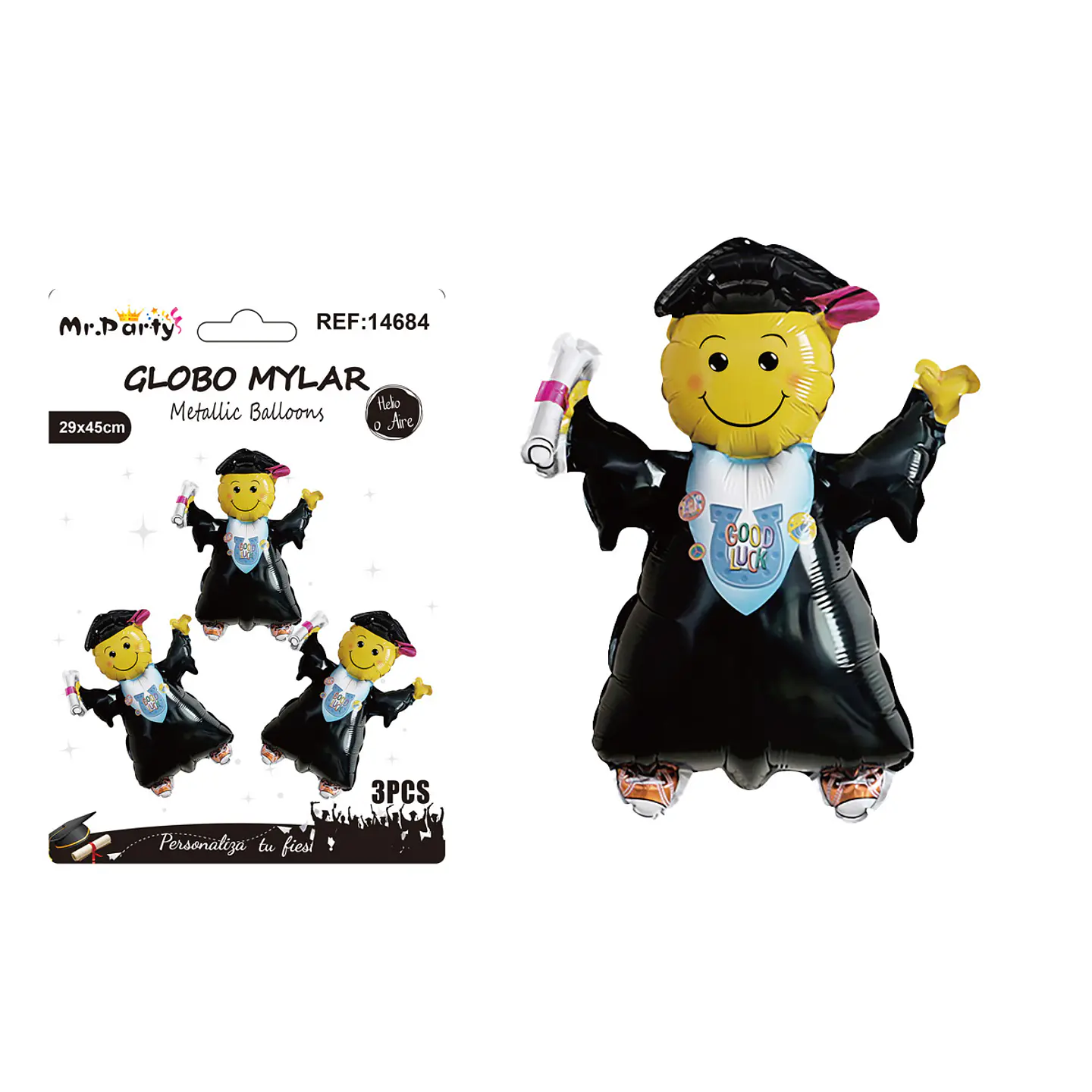 Set de globos metálicos carita feliz graduada Good Luck 29*45cm 3pcs 1