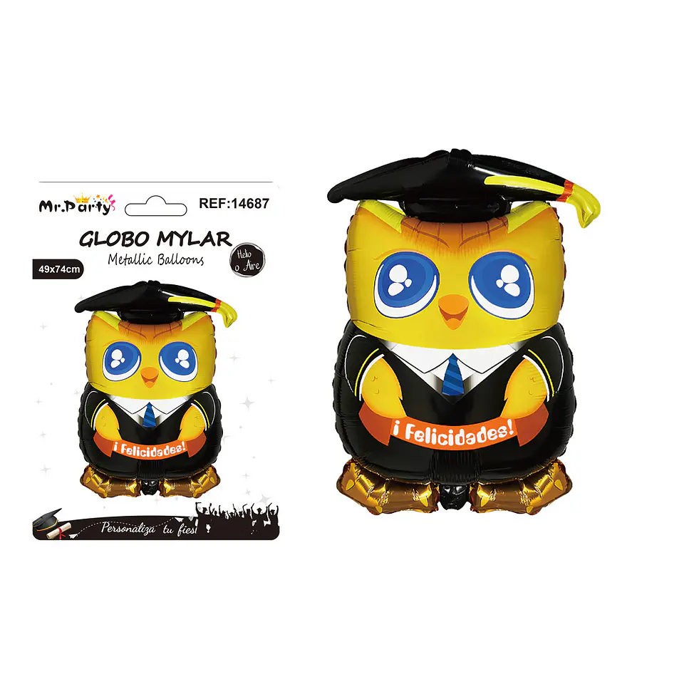Globo metálico búho graduado con corbata ¡Felicidades! 49*74cm 1