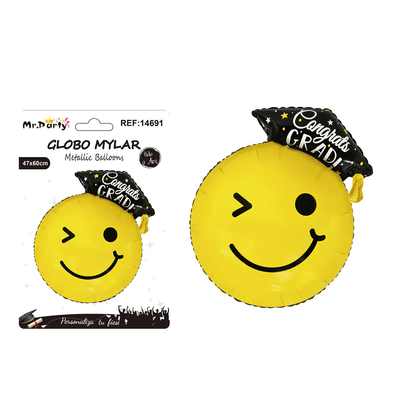 Globo metálico emoji guiño con birrete Congrats Grad 47*60cm 1
