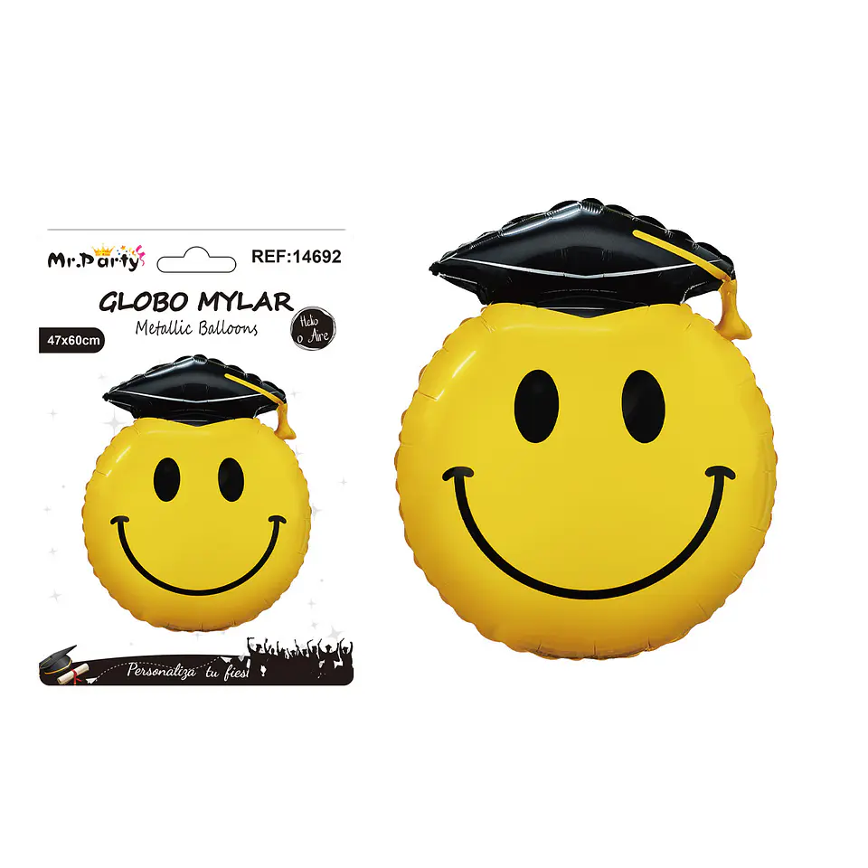 Globo metálico carita sonriente con birrete 47*60cm 1