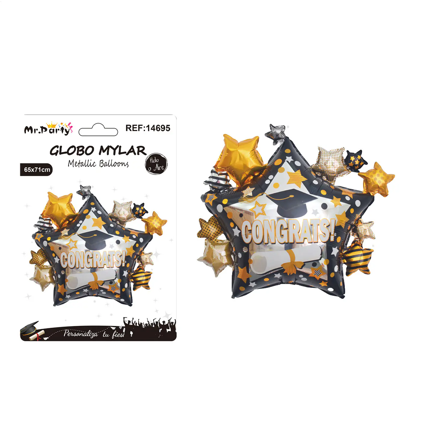 Globo metálico estrella graduación con birrete y mini estrellas 65*71cm 1