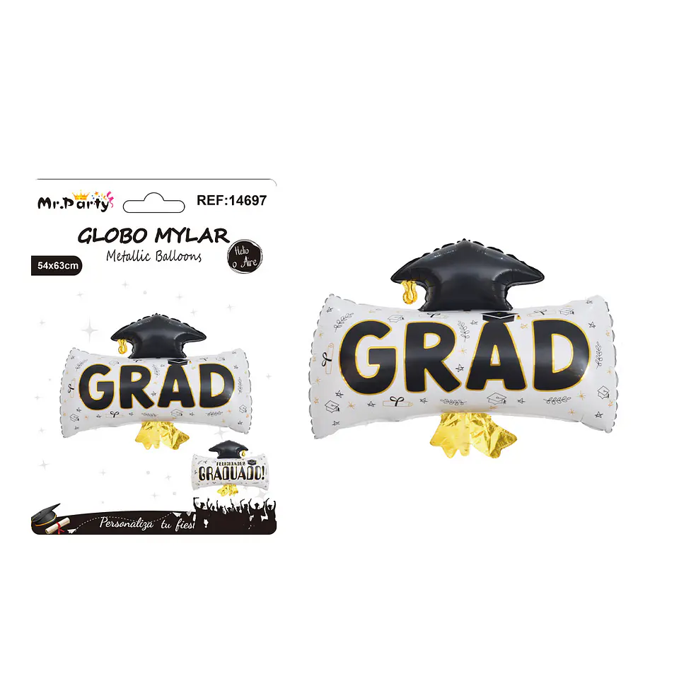 Globo metálico birrete con diploma Grad blanco y dorado 54*63cm 1