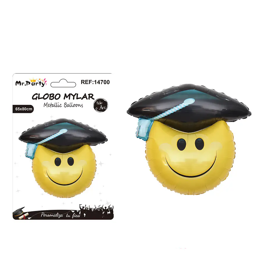 Globo metálico emoji sonriente con birrete borla celeste 65*80cm 1