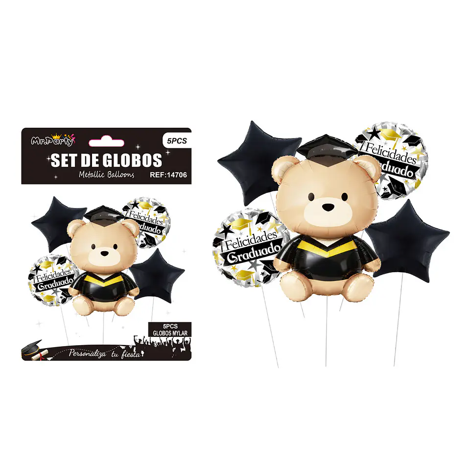 Set de globos metálicos osito graduado con estrellas 5pcs 1