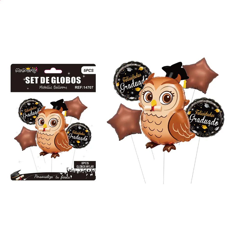 Set de globos metálicos búho graduado con estrellas 5pcs 1