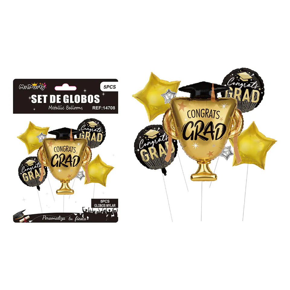 Set de globos metálicos copa trofeo Congrats Grad con estrellas 5pcs 1