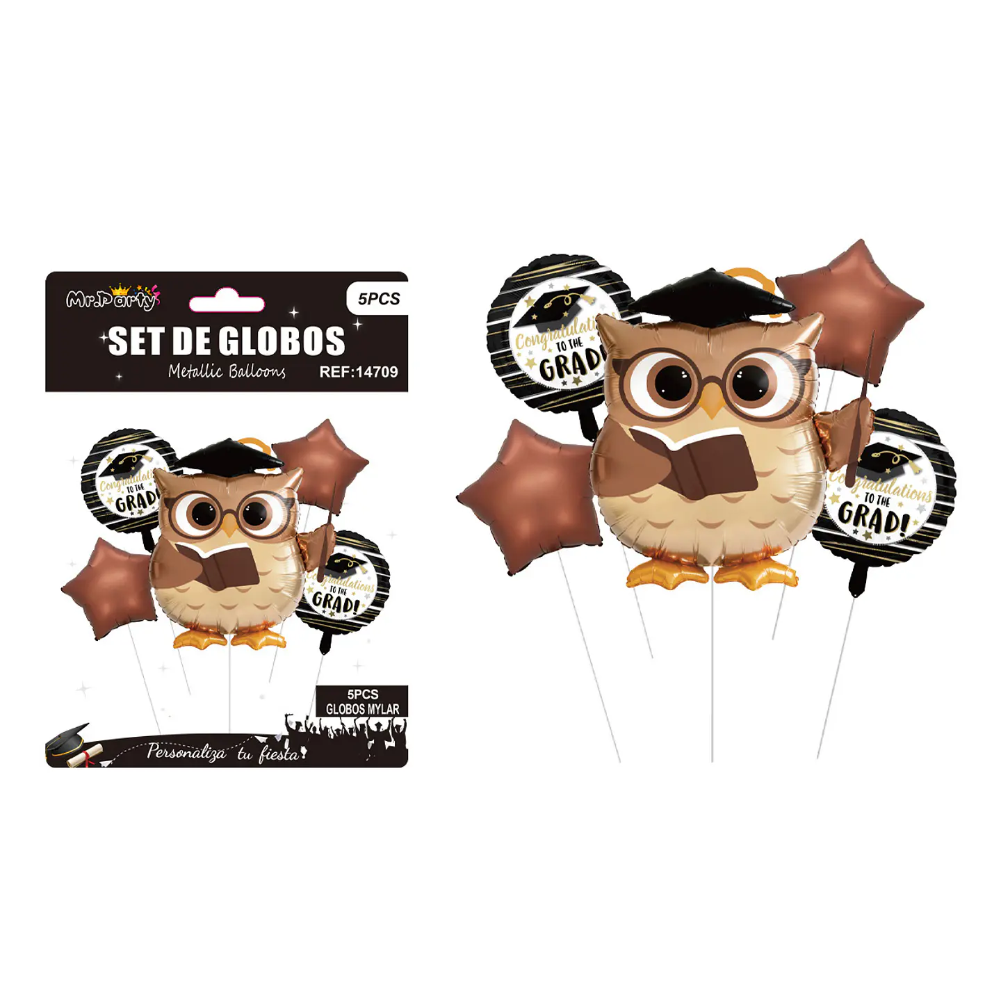 Set de globos metálicos búho profesor con estrellas 5pcs 1