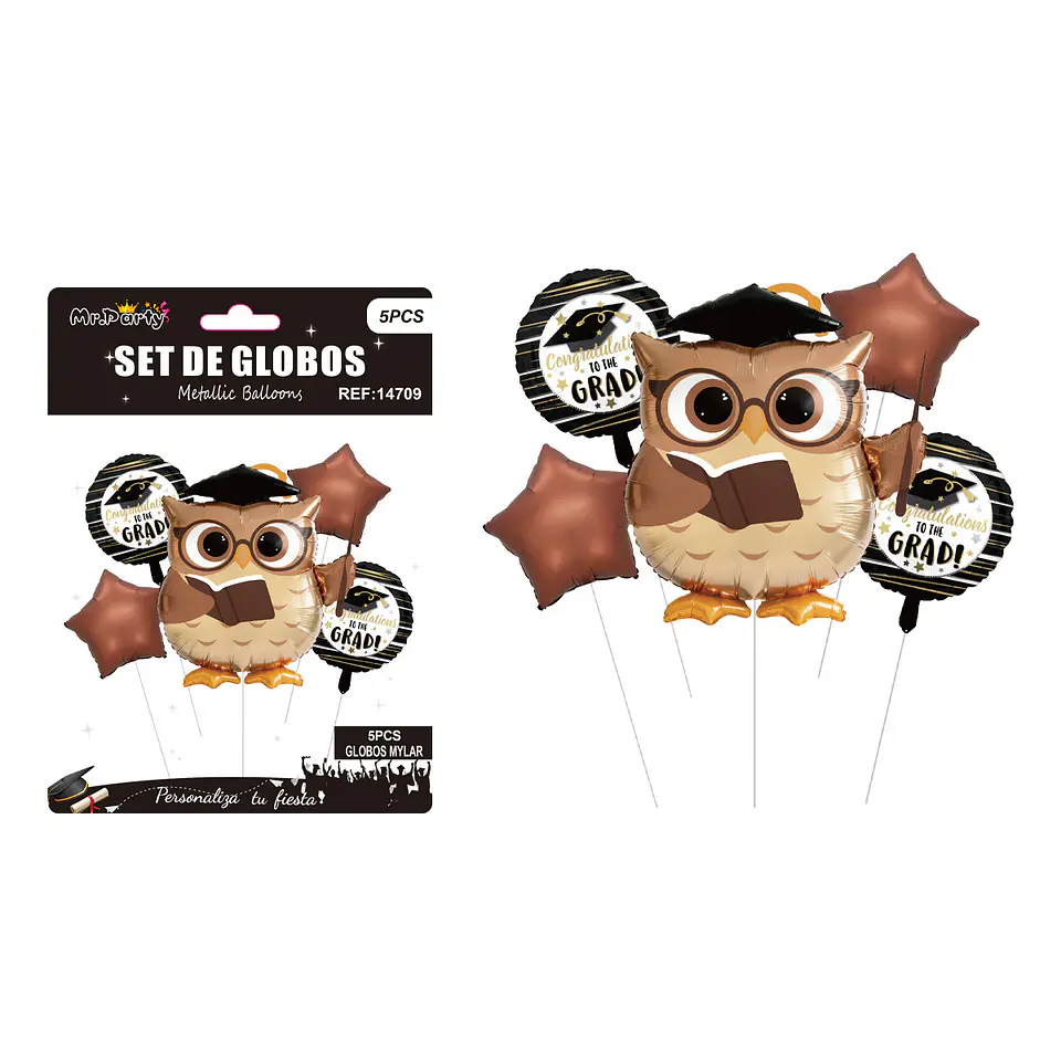 Set de globos metálicos búho profesor con estrellas 5pcs 1