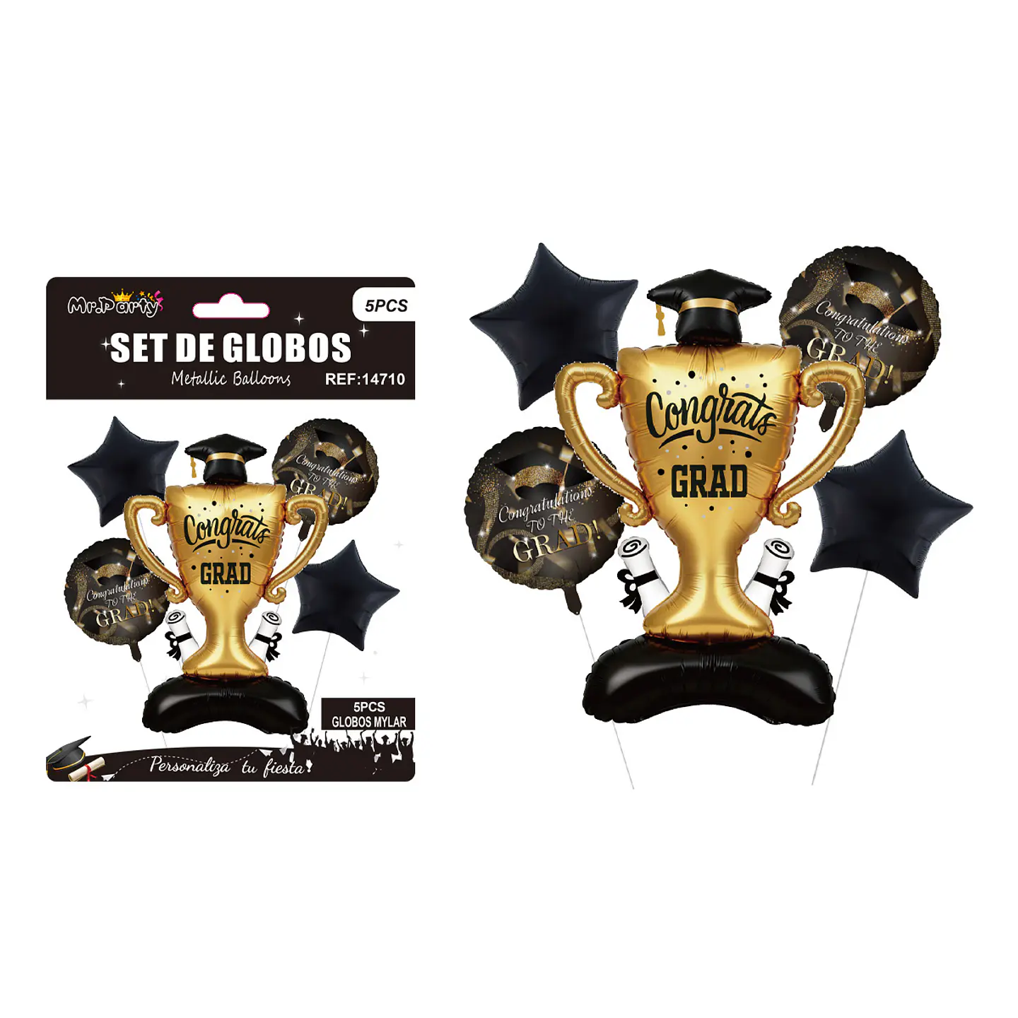 Set de globos metálicos copa trofeo Congrats Grad con base 5pcs 1