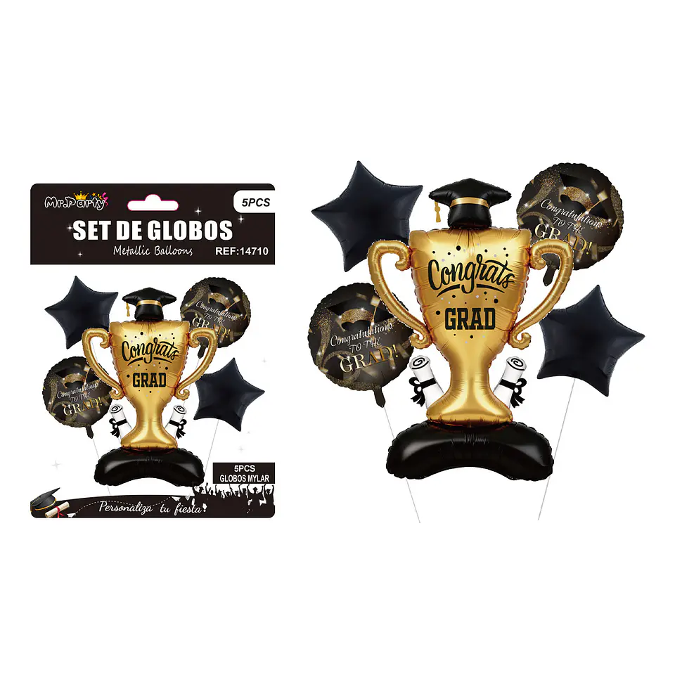 Set de globos metálicos copa trofeo Congrats Grad con base 5pcs 1