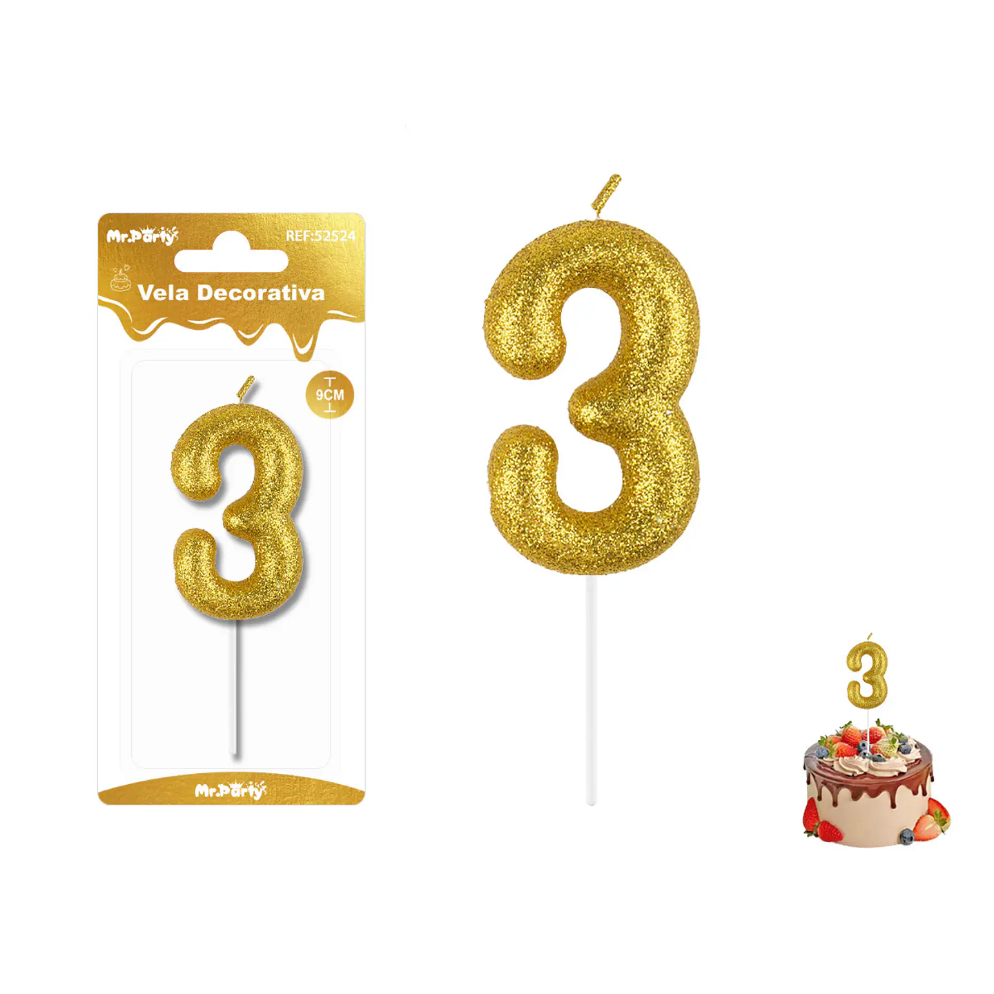 Vela de número 3 dorado metalico brillante 5.5cm 1