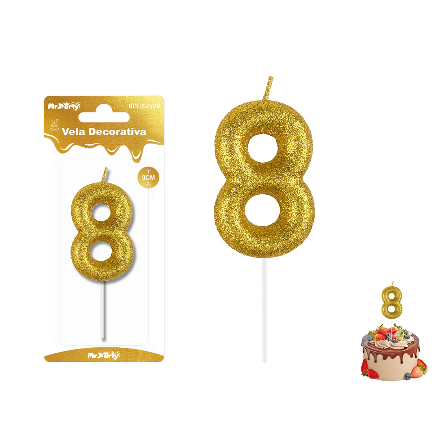 Vela de número 8 dorado metalico brillante 5.5cm 1