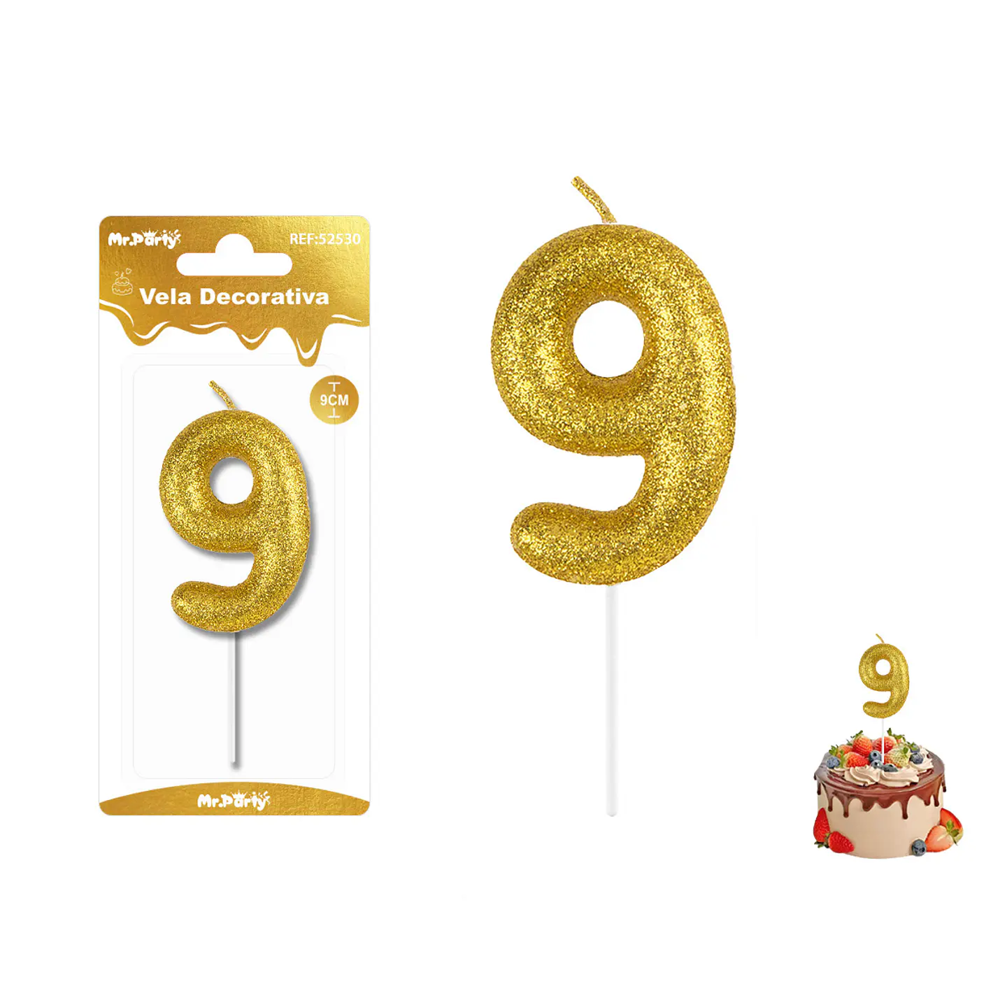 Vela de número 9 dorado metalico brillante 5.5cm 1