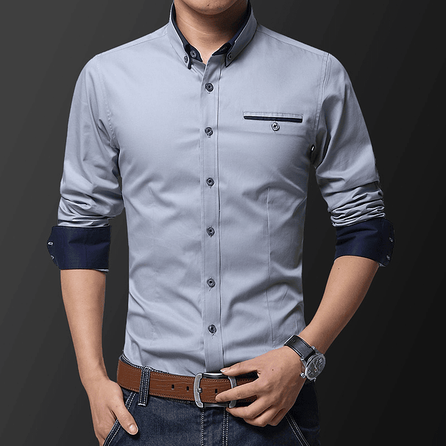 Camisa Slim fit Gris/ puños y cuello azul