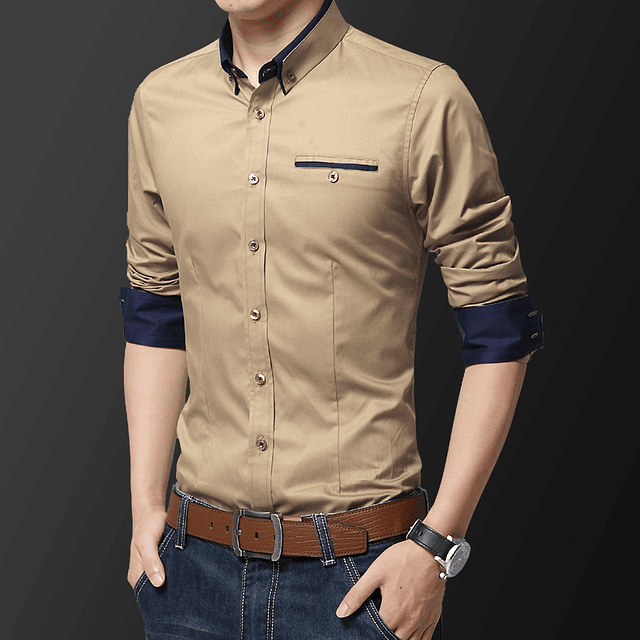 Camisa Slim fit Khaki/ puños y cuello azul