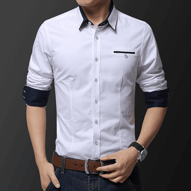 Camisa Slim fit Blanca/ puños y cuello azul