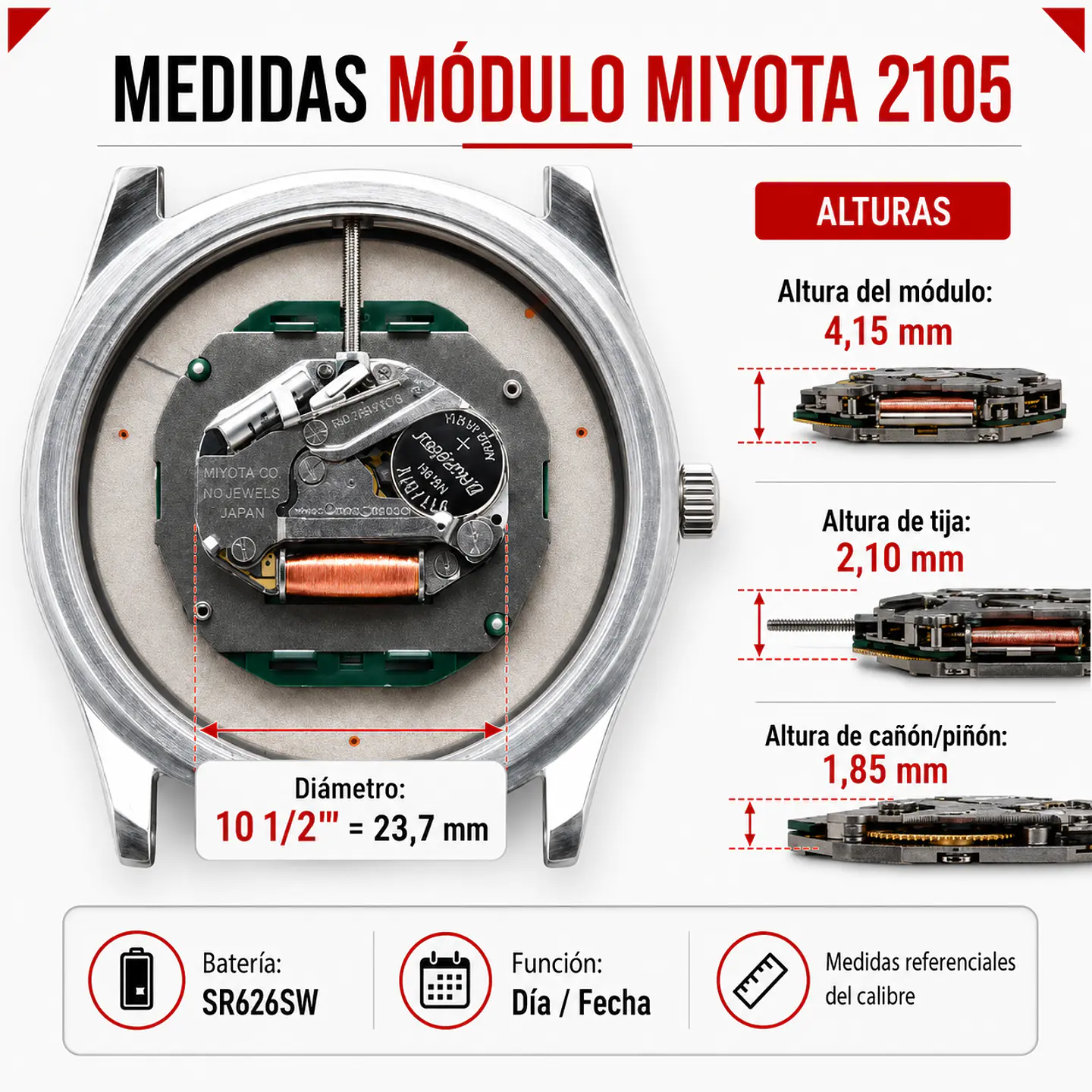 Movimiento Miyota 2105 Día y Fecha a las 3 con Pila y Eje 2