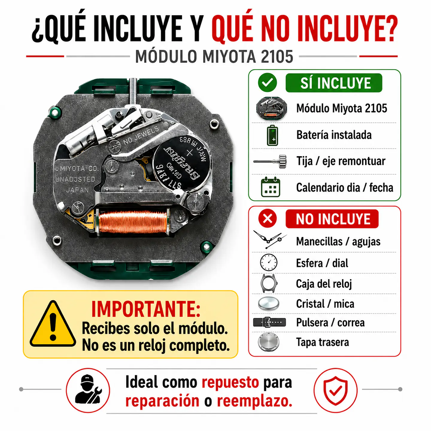 Movimiento Miyota 2105 Día y Fecha a las 3 con Pila y Eje 6