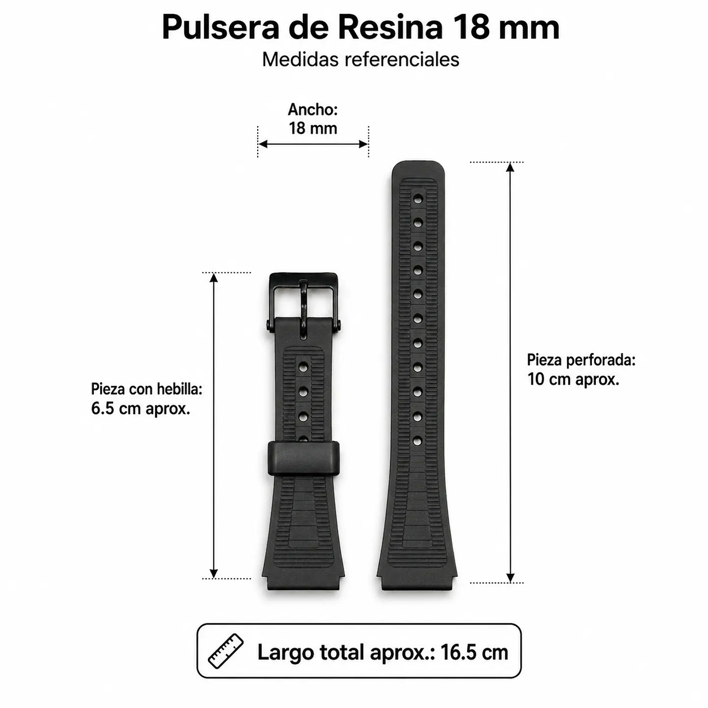Pulsera de Resina Negra para Reloj con Hebilla Negra Repuesto Casio 18mm 3