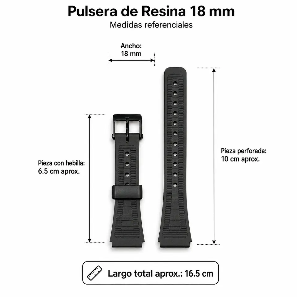 Pulsera de Resina Negra para Reloj con Hebilla Negra Repuesto Casio 18mm 3