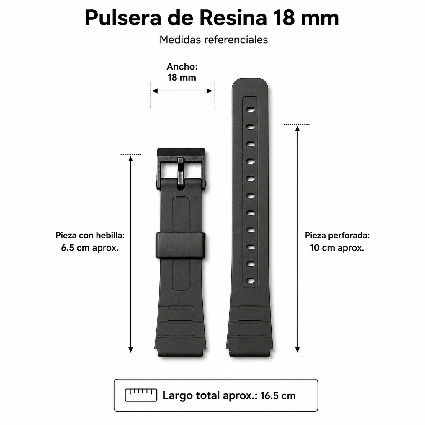 Pulsera de Resina Negra para Reloj con Hebilla Negra Repuesto Casio 18mm 3