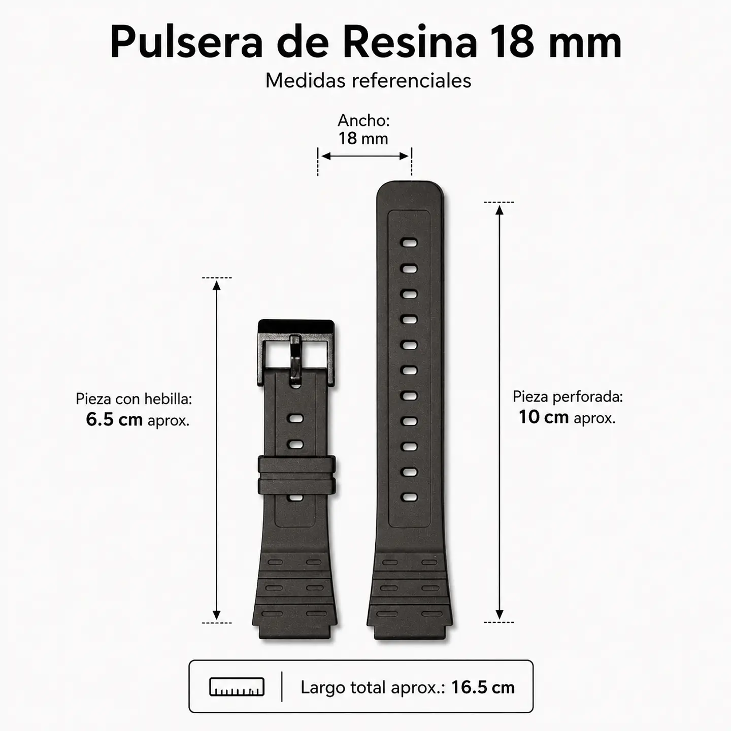 Pulsera de Resina Negra para Reloj con Hebilla Negra Repuesto Casio 18mm 5