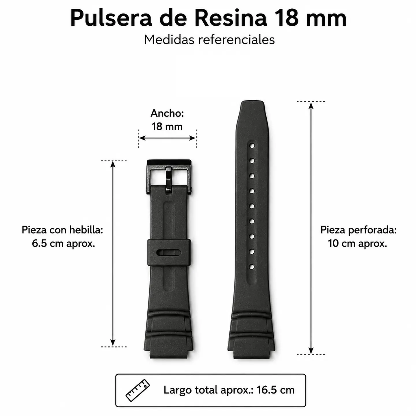 Pulsera de Resina Negra para Reloj con Hebilla Negra Repuesto Casio 18mm 3