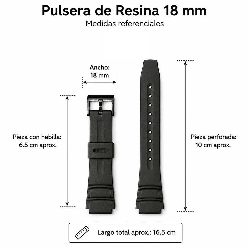 Pulsera de Resina Negra para Reloj con Hebilla Negra Repuesto Casio 18mm 3