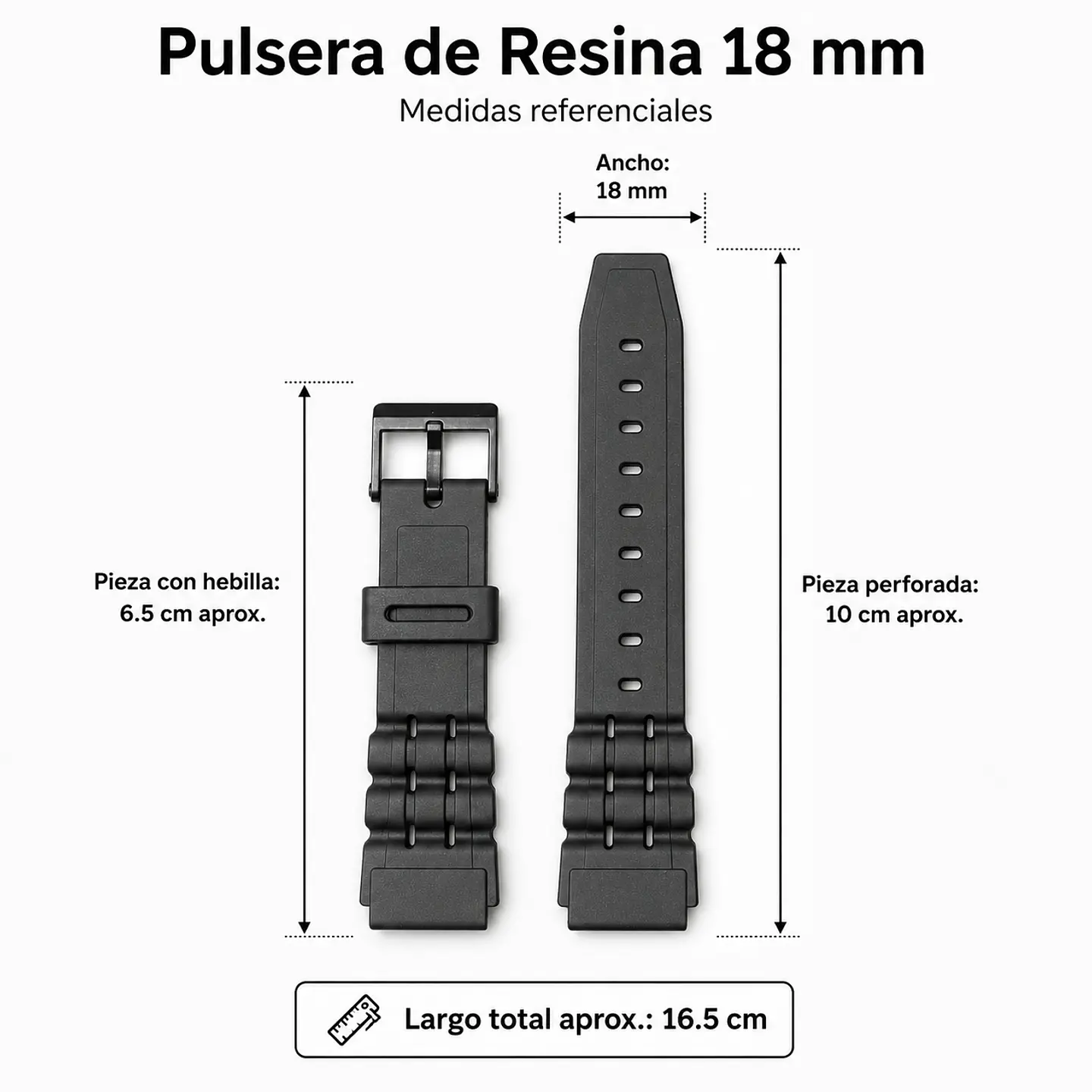 Pulsera de Resina Negra para Reloj con Hebilla Negra Repuesto Casio 18mm 3