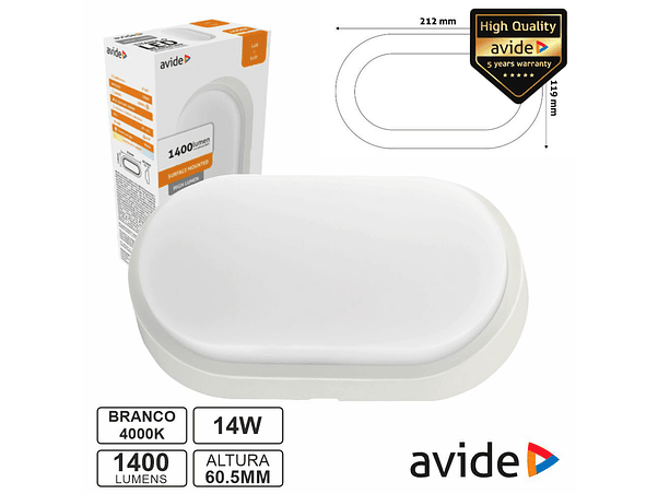 PAINEL LED OVAL APLIQUE 14W 212MM 4000K 1400LM IP54 AVIDE 1