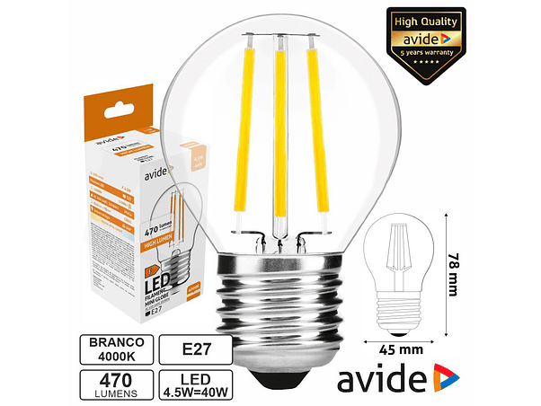 LÂMPADA LED E27 GLOBO FILAMENTO 4.5W 230V 4000K 470LM AVIDE 1