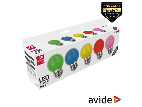 CONJUNTO 5 LÂMPADAS E27 1W LED GLOBO G45 CORES 30LM AVIDE 1