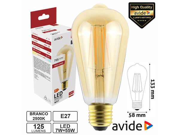 LÂMPADA LED E27 DIMÁVEL FILAMENTO 7W 230V 2500K 725LM AVIDE 1