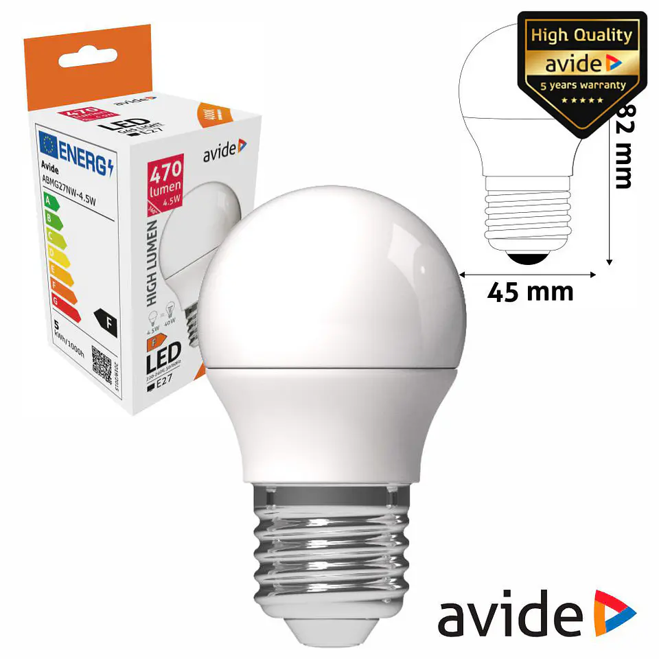 LÂMPADA LED E27 GLOBO G45 4.5W 230V 4000K 470LM AVIDE 1
