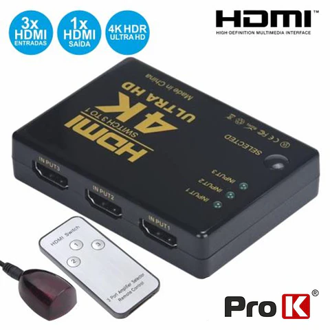 DISTRIBUIDOR HDMI AMPLIFICADO 3 ENTRADAS 1 SAÍDA IR PROK