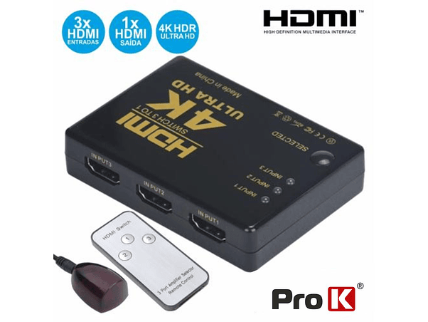 DISTRIBUIDOR HDMI AMPLIFICADO 3 ENTRADAS 1 SAÍDA IR PROK 1