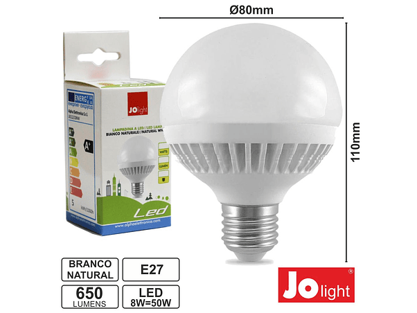 LÂMPADA E27 8W=50W 230V LEDS GLOBO BRANCO NATURAL 650LM 1