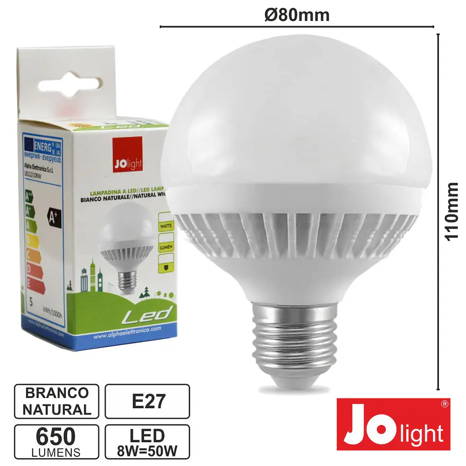 LÂMPADA E27 8W=50W 230V LEDS GLOBO BRANCO NATURAL 650LM 1