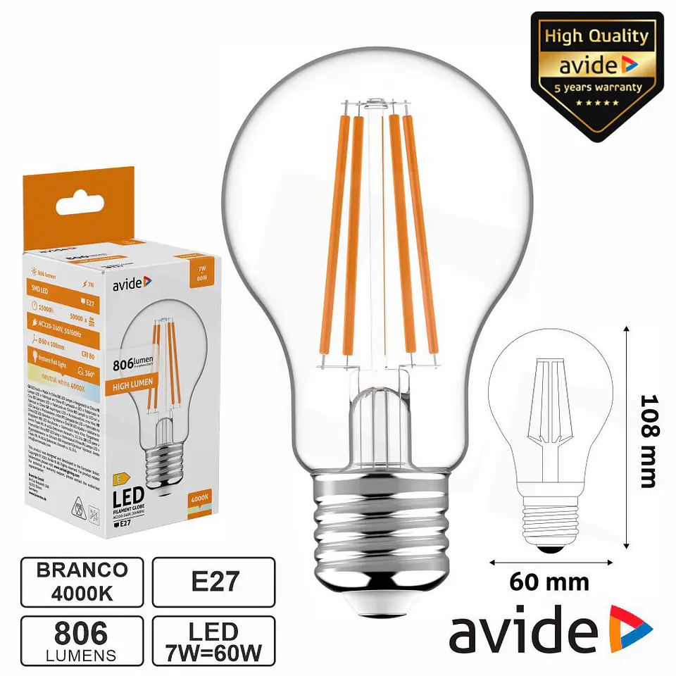 LÂMPADA LED E27 GLOBO FILAMENTO 7W 230V 4000K 806LM AVIDE 1