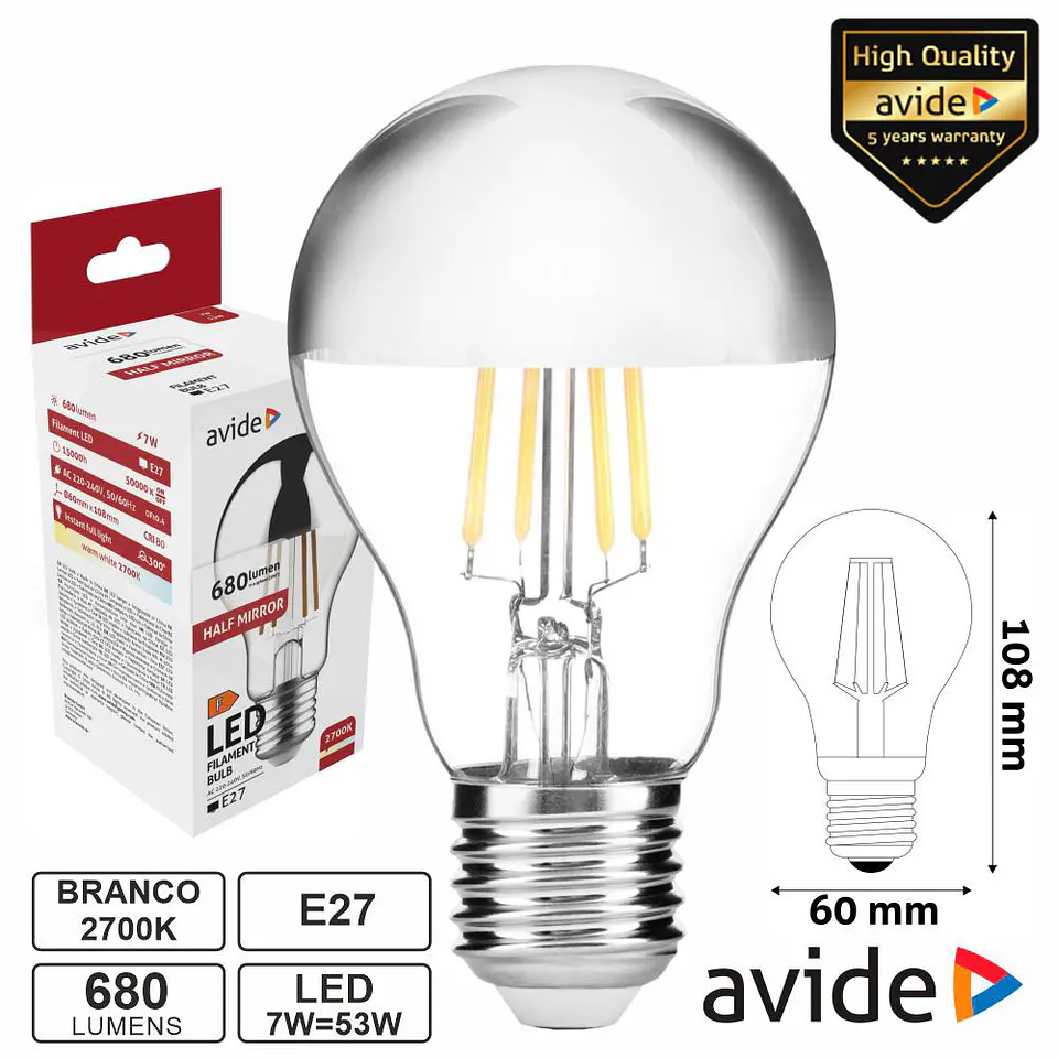 LÂMPADA LED E27 HF GLOBO FILAMENTO 7W 230V 2700K 806LM AVIDE 1