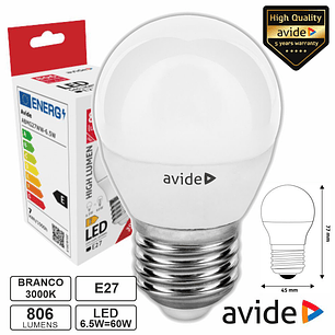 LÂMPADA LED E27 GLOBO G45 6.5W 230V 3000K 806LM AVIDE
