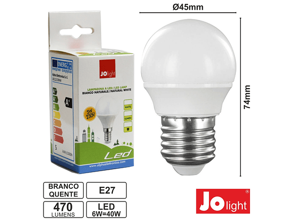 LÂMPADA E27 6W=40W 230V LEDS GLOBO BRANCO QUENTE 470LM 1