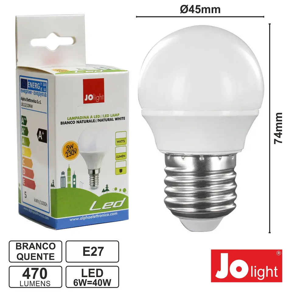 LÂMPADA E27 6W=40W 230V LEDS GLOBO BRANCO QUENTE 470LM 1