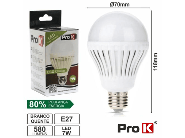 LÂMPADA E27 7W=40W 230V 24 LEDS GLOBO BRANCO QUENTE 580LM PR 1