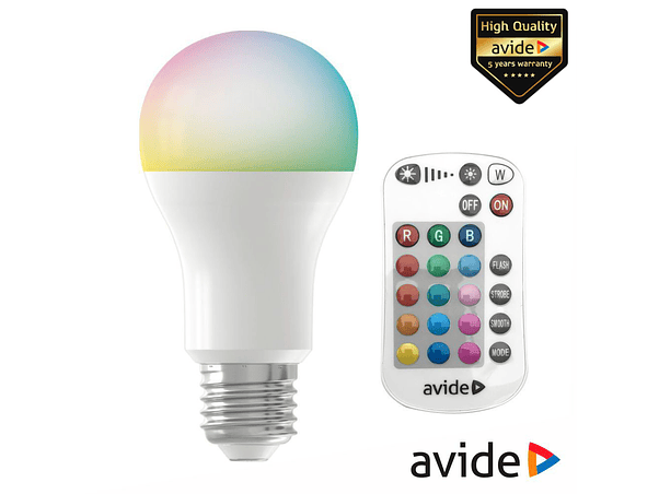 LÂMPADA E27 DIMÁVEL 9.7W LED GLOBO A60 RGBW IR 806LM AVIDE 1