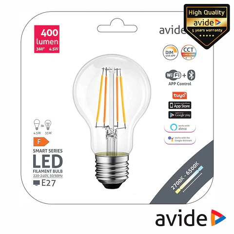 LÂMPADA E27 DIMÁVEL 4.5W LED WIFI+BT 400LM AVIDE