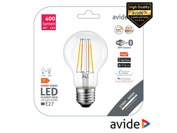 LÂMPADA E27 DIMÁVEL 4.5W LED WIFI+BT 400LM AVIDE 1
