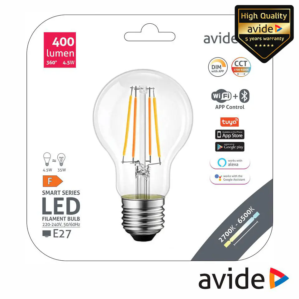 LÂMPADA E27 DIMÁVEL 4.5W LED WIFI+BT 400LM AVIDE 1