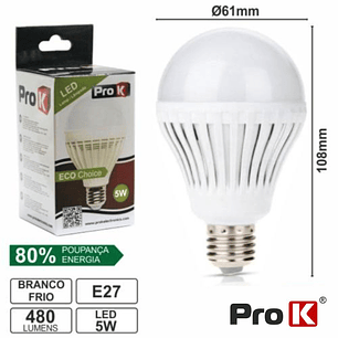 LÂMPADA E27 5W=25W 230V 18 LEDS GLOBO BRANCO FRIO 480LM PROK